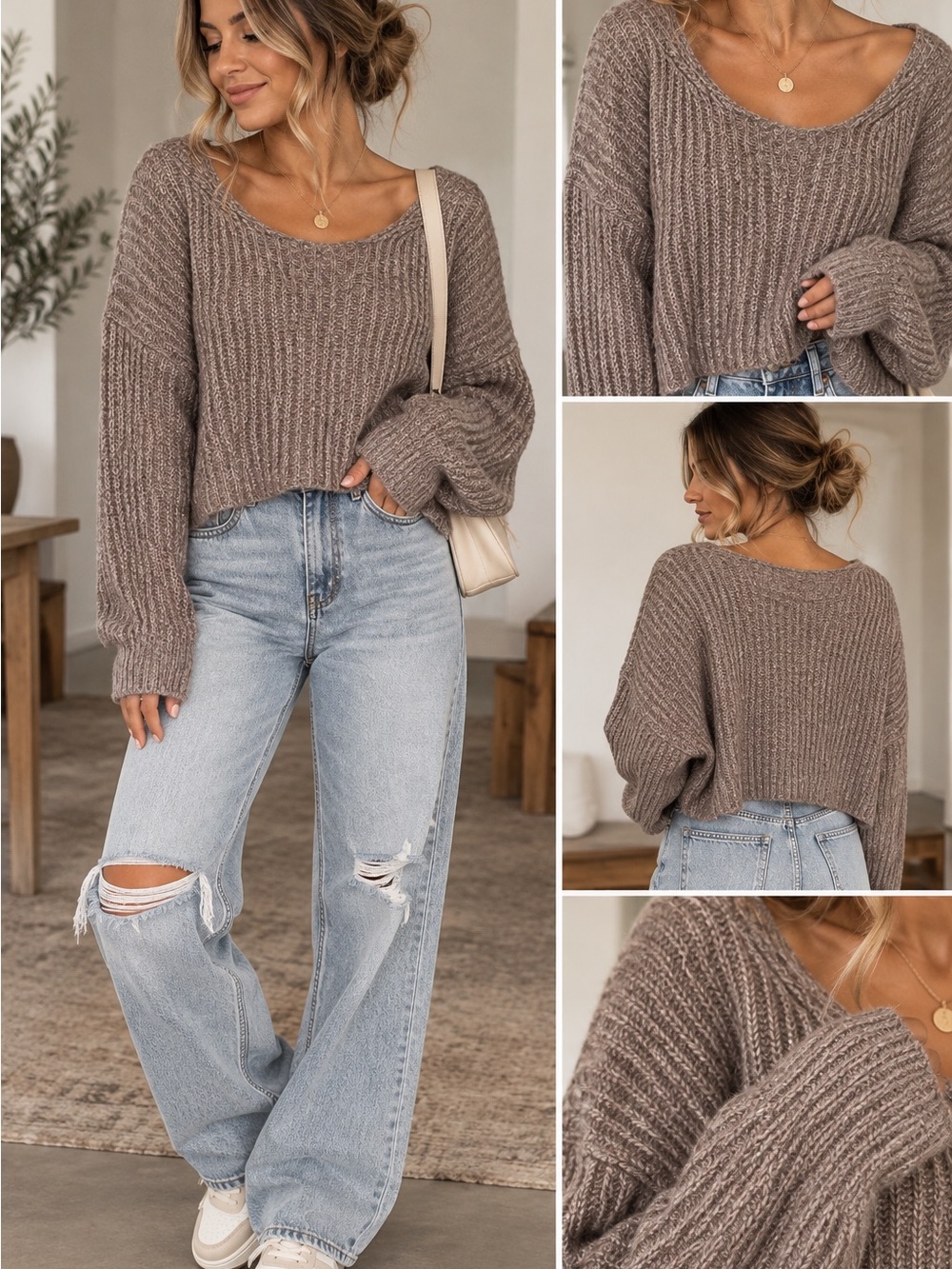 American Eagle Scoop neck cozy knit sweater, heather brown fall sweater Size S